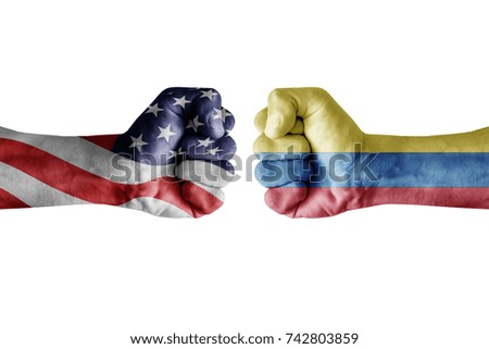 conflict between USA vs Ecuador, male fists - governments conflict concept,  Flags written on hands USA, USA Flag, USA  counter, fists symbol 