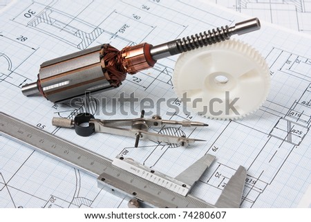 rotor electromotor and technical drawing Royalty-Free Stock Photo #74280607