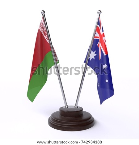 Table flags, Belarus and Australia, isolated on white background. 3d image