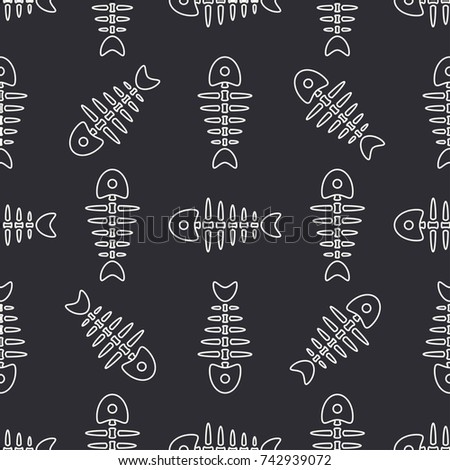 Flat line monochrome vector seamless pattern ocean fish bone, skeleton. Simplified retro. Childish cartoon style. Skull. Sea doodle art. Background. Illustration, element for your design, wallpaper.
