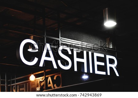 Cashier banner, white neon sign of cashier with light bulb