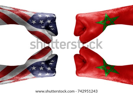 conflict between USA vs Marocco, male fists - governments conflict concept,  Flags written on hands USA, USA Flag, USA  counter, fists symbol war