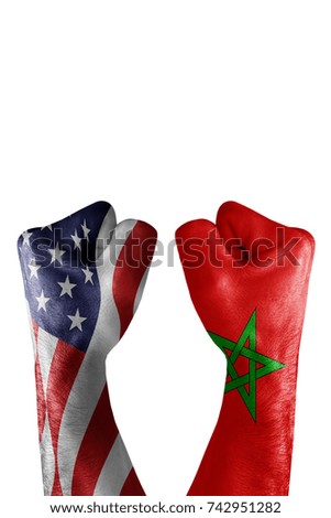 conflict between USA vs Marocco, male fists - governments conflict concept,  Flags written on hands USA, USA Flag, USA  counter, fists symbol war
