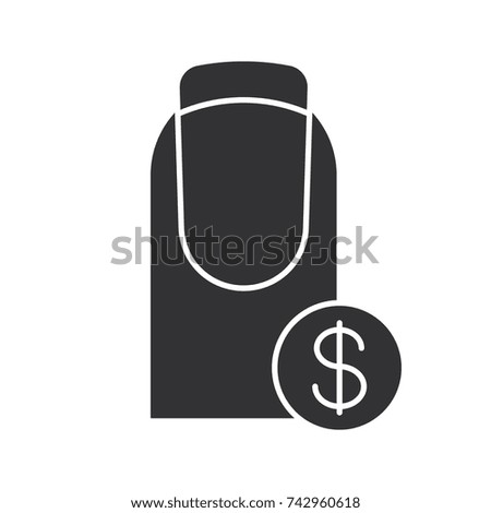 Nail salon services prices glyph icon. Silhouette symbol. French manicure with dollar sign. Negative space. Raster isolated illustration