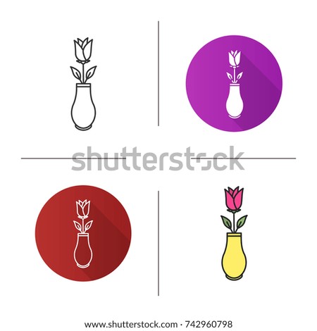 Rose in vase icon. Flat design, linear and color styles. Isolated raster illustrations