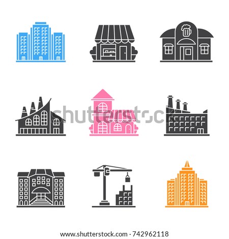 City buildings glyph icons set. Multi-storey building, shop, pub, industrial factory, cafe, hotel, university, tower crane, skyscraper. Silhouette symbols. Raster isolated illustration
