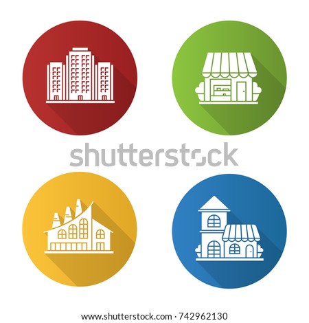 Buildings flat design long shadow glyph icons set. Shop, industrial factory, cafe, multi-storey building. Raster silhouette illustration