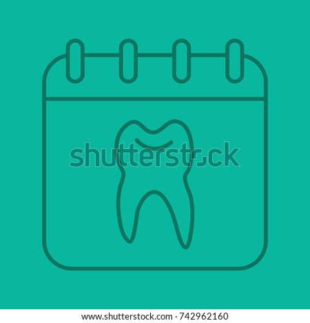 Dentist reception days schedule linear icon. Calendar page with human tooth. Thin line outline symbols on color background. Raster illustration