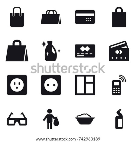 16 vector icon set : shopping bag, credit card, cleanser, power socket, window, trash, foam basin, toilet cleanser