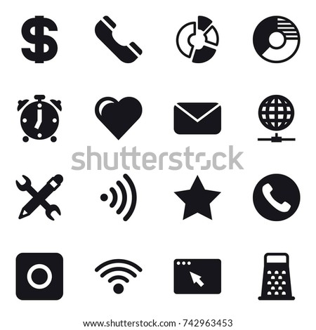16 vector icon set : dollar, phone, circle diagram, alarm clock, heart, mail, globe connect, pencil wrench, wireless, star, ring button