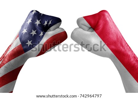 conflict between USA vs Indonesia, male fists - governments conflict concept,  Flags written on hands USA, USA Flag, USA  counter, fists symbol war