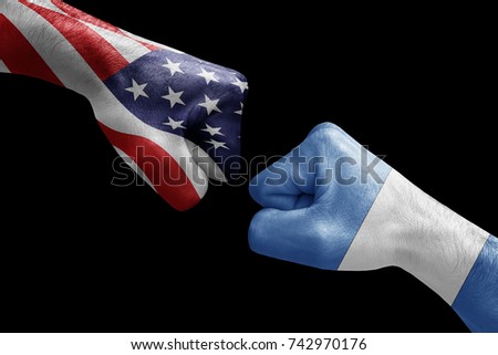 conflict between USA vs Guatemala, male fists - governments conflict concept,  Flags written on hands USA, USA Flag, USA  counter, fists symbol war