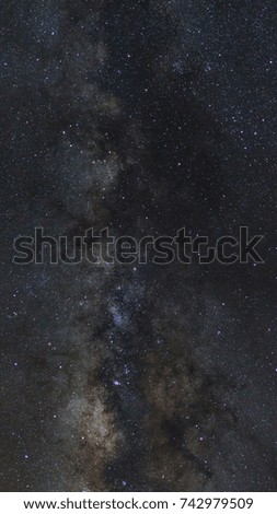 Starry night sky, Panorama Milky way galaxy with stars and space dust in the universe, Long exposure photograph, with grain.