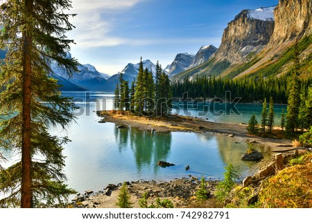 Beautiful Spirit Island in Maligne Lake, Jasper National Park, Alberta, Canada Royalty-Free Stock Photo #742982791