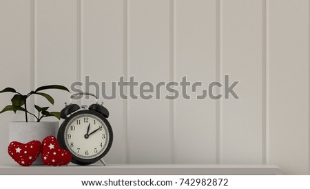 Valentine's Day Desktop clock with ornamental trees and Empty Picture frame for Mockup in front of white wall.valentines day background 