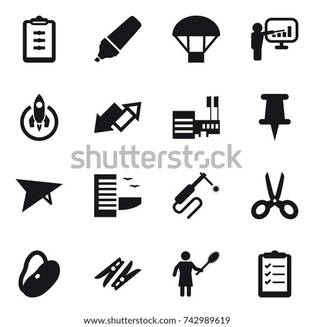 16 vector icon set : clipboard, marker, parachute, presentation, rocket, up down arrow, mall, deltaplane, hotel, scissors, clothespin, woman with pipidaster, clipboard list