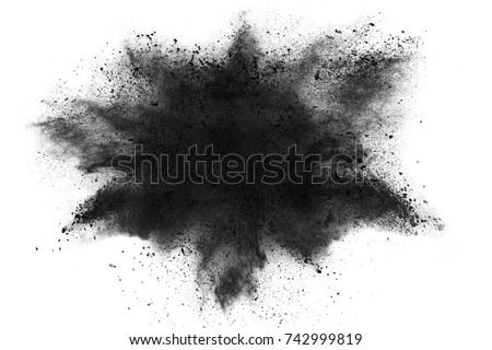 Black powder explosion isolated on white background, charcoal like particles concept.
 Royalty-Free Stock Photo #742999819