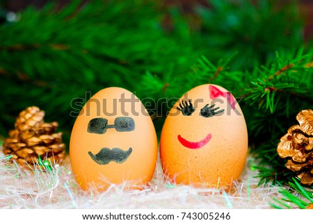 Two lovers celebrate Christmas . Unusual eggs with the muzzle. Two eggs the love . The cartoon Christmas decorations