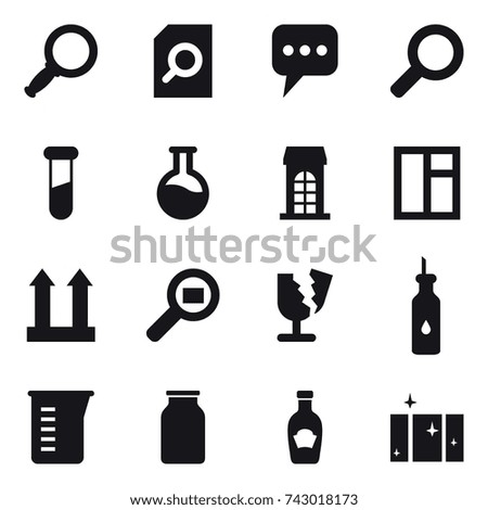 16 vector icon set : magnifier, search document, message, building, window, measuring cup, clean  window