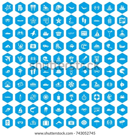 100 sea life icons set in blue hexagon isolated  illustration