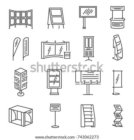 Exhibition stand icon set. Section of an exhibition for company to show product or information, commercial fair display. Vector line art illustration isolated on white background Royalty-Free Stock Photo #743062273