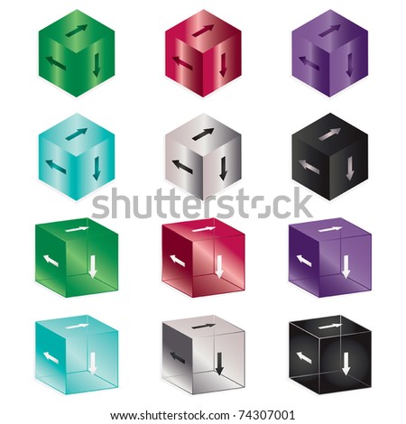 set of glass cubes with direction arrows, isolated on white