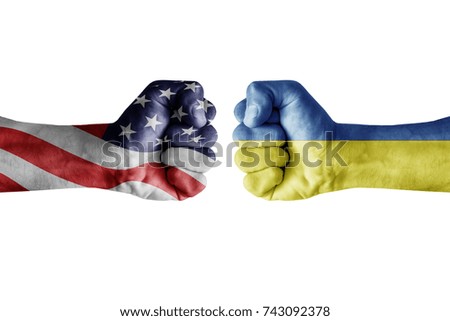 conflict between USA vs Ukraine, male fists - governments conflict concept,  Flags written on hands USA, USA Flag, USA  counter, fists symbol war