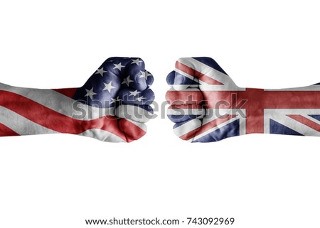 conflict between USA vs United kingdom, male fists - governments conflict concept,  Flags written on hands USA, USA Flag, USA  counter, fists symbol war