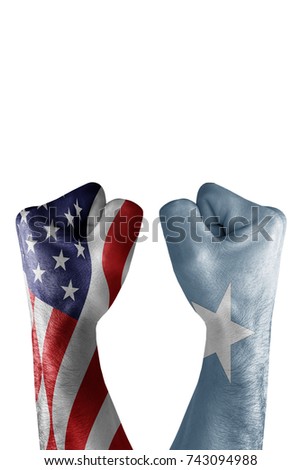 conflict between USA vs Somalia, male fists - governments conflict concept,  Flags written on hands USA, USA Flag, USA  counter, fists symbol war