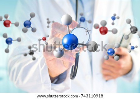 View of a 3d rendering molecule on a displayed on a medical interface 