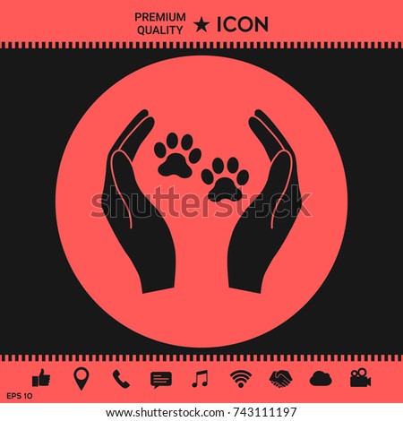 Shelter pets sign icon. Hands holds paw symbol. Animal protection