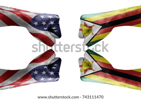 conflict between USA vs Zimbabwe, male fists - governments conflict concept,  Flags written on hands USA, USA Flag, USA  counter, fists symbol war