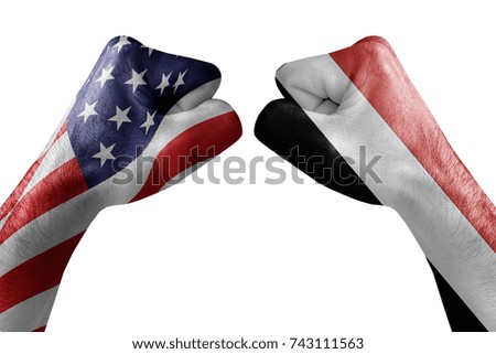 conflict between USA vs Yemen, male fists - governments conflict concept,  Flags written on hands USA, USA Flag, USA  counter, fists symbol war