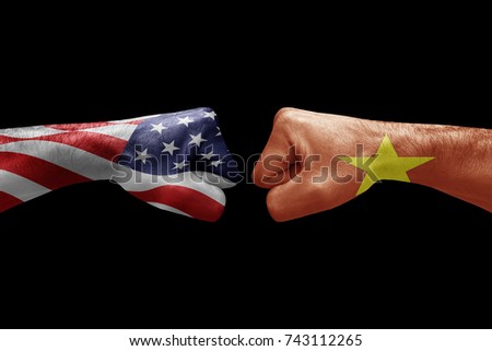 conflict between USA vs Vietnam, male fists - governments conflict concept,  Flags written on hands USA, USA Flag, USA  counter, fists symbol war