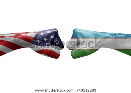 conflict between USA vs Uzbekistan, male fists - governments conflict concept,  Flags written on hands USA, USA Flag, USA  counter, fists symbol war