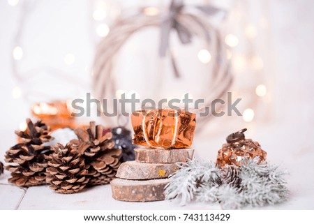 Christmas ornaments and gifts on white background