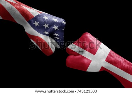 conflict between USA vs Denmark, male fists - governments conflict concept,  Flags written on hands USA, USA Flag, USA  counter, fists symbol war
