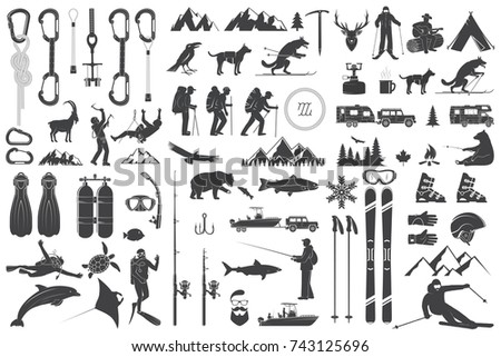 Mountaineering, hiking, climbing, fishing, skiing and other adventure icons. Vector illustration. Vintage typography design with ice axe, rock climbing Goat and mountain silhouette.