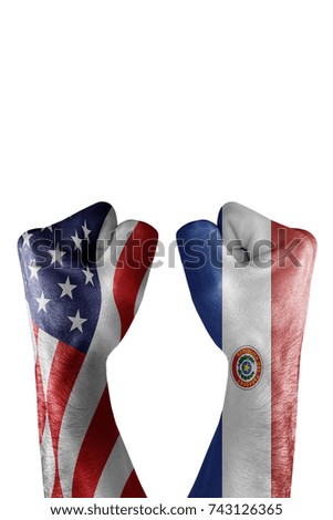 conflict between USA vs Paraguay, male fists - governments conflict concept,  Flags written on hands USA, USA Flag, USA  counter, fists symbol war