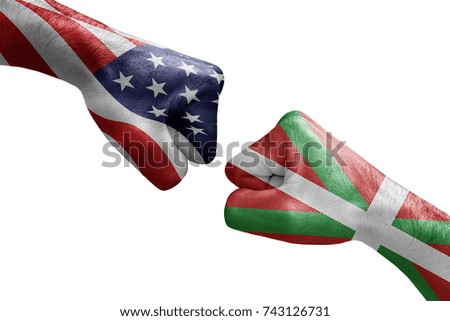 conflict between USA vs Pays Basque cmjn, male fists - governments conflict concept,  Flags written on hands USA, USA Flag, USA  counter, fists symbol war