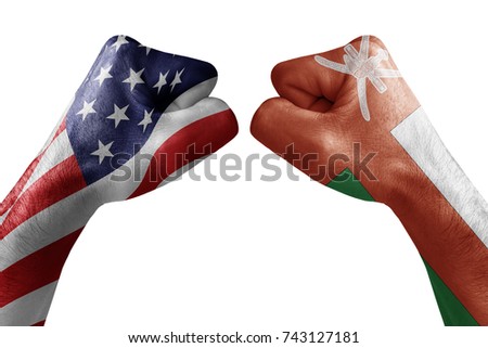 conflict between USA vs Oman, male fists - governments conflict concept,  Flags written on hands USA, USA Flag, USA  counter, fists symbol war