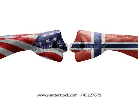 conflict between USA vs Norway, male fists - governments conflict concept,  Flags written on hands USA, USA Flag, USA  counter, fists symbol war
