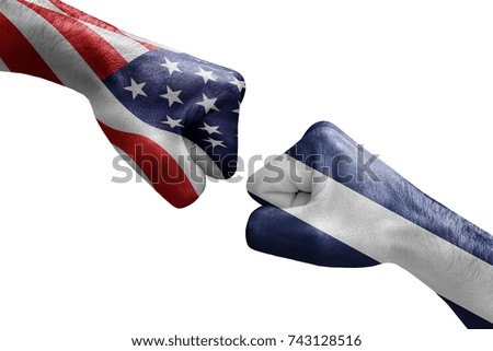 conflict between USA vs Nicaragua, male fists - governments conflict concept,  Flags written on hands USA, USA Flag, USA  counter, fists symbol war