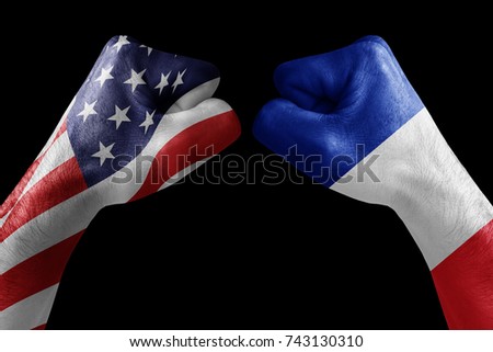 conflict between USA vs France, male fists - governments conflict concept,  Flags written on hands USA, USA Flag, USA  counter, fists symbol war