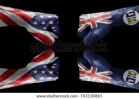 conflict between USA vs falkland islands, male fists - governments conflict concept,  Flags written on hands USA, USA Flag, USA  counter, fists symbol war
