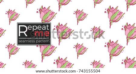 Wedding illustration, seamless pattern with young rose flower. Vector fashion backdrop in watercolor style, isolated elements on white background.