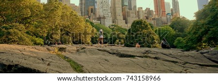 The girl is standing on the rock in Central Park, New York City, USA, panorama