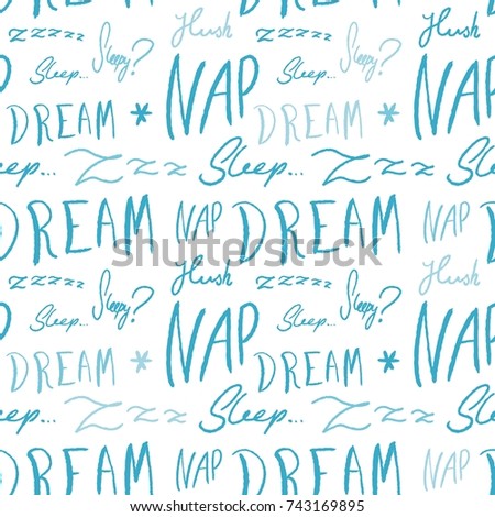 Bed linen design pattern. Sleepy doodle - sleep time vector texture with handwritten words.