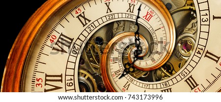 Golden yellow antique old clock spiral abstract fractal. Retro surreal clock with mechanism in the background. Time spiral concept image poster Unusual watch with roman arabic numerals and clock hands Royalty-Free Stock Photo #743173996