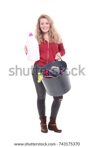 Caucasian full body woman doing laundry